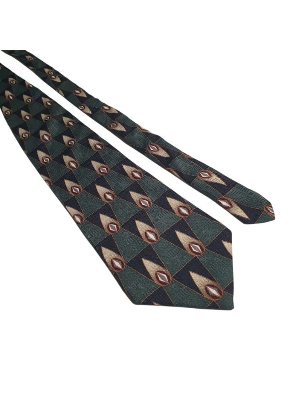 Bill Blass Black Label Men Geometric Tie Navy Green Gold Silk Classic Menswear